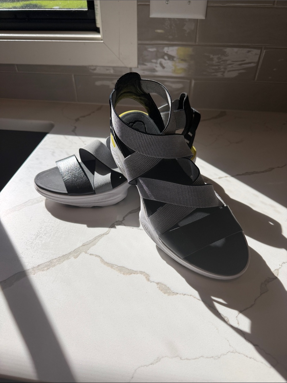 Sorel Women's Black and Gray Strappy Sport Sandals with Yellow Accent
